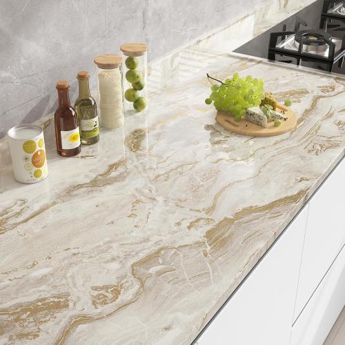 FunStick 36x200 Thick Gold Beige Marble Contact Paper Peel and Stick Countertops for Kitchen Cabinet Wallpaper Waterproof Removable Marble Wall Paper Vinyl Wrap for Bathroom Counter Tops Table Desk