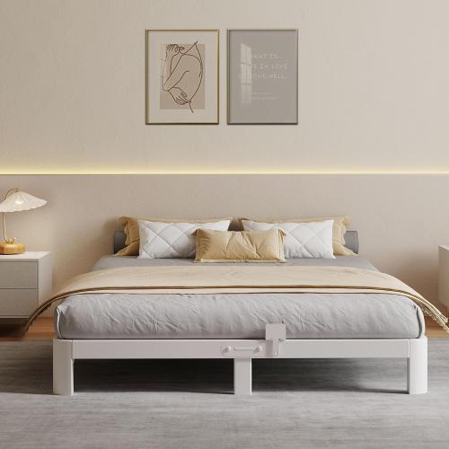 KZZLOL White Bed Frame Queen Size 10 Inch, Low Queen Bed Frame No Box Spring Needed with Mattress Stoppers, DIY Headboard, Heavy Duty Steel Support 3000 LBS, Rounded Legs, Easy Assembly, Noiseless