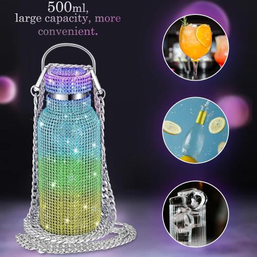 Geiserailie Diamond Water Bottle Bling Rhinestone Stainless Steel Thermal Bottle Refillable Insulated Glitter Water Jug with Chain for Women Girls Gifts(350 ml,Rainbow)