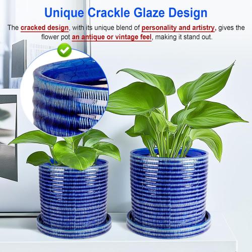 Ceramic Plant Pots, 3 Pack 6 8 10 Inch Indoor/Outdoor Planters with Drainage Hole, Mesh Pad & Saucer Unique Handcrafted Crackle Glaze Ceramic Flower Pots for Home Garden & Indoor Flower Pot Decor-Blue