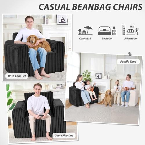 lilanoon Giant Bean Bag Chair for Adults, Non-Slip Floor Sofa with High Backrest & Wider Armrest, Upgrade Whole Sponge Bean Bag Sofa Couch for Bedroom Living Room(Large,Black,Stripe Plush)