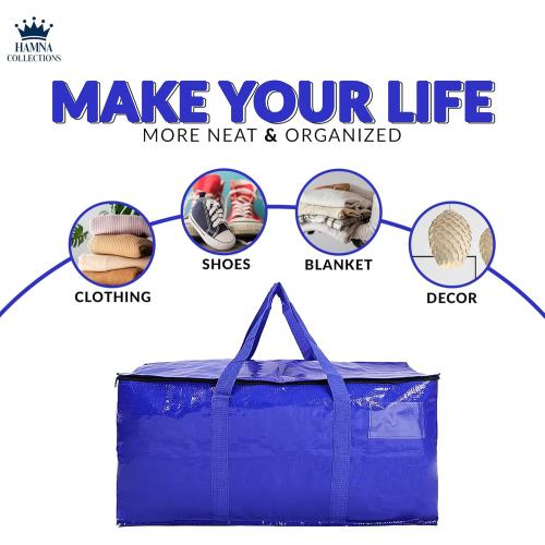 Hamna Collection Heavy Duty 6 Extra Large Blue Moving Bags With Handles, Zippers & Laundry Bag, Waterproof Storage Totes, Alternative to Box and Bin