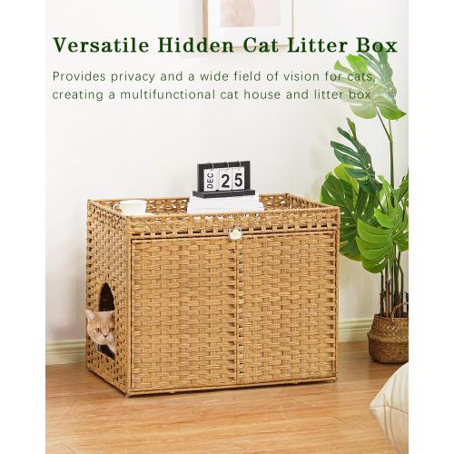 SETVSON Cat Litter Box Enclosure Furniture, Handwoven Rattan Hidden Litter Box with Mat, Large Space Cat House with 2 S-Shaped Hooks 30.3 x 18.3 x 24.4 Inches, Indoor for Living Room Apartment Natural