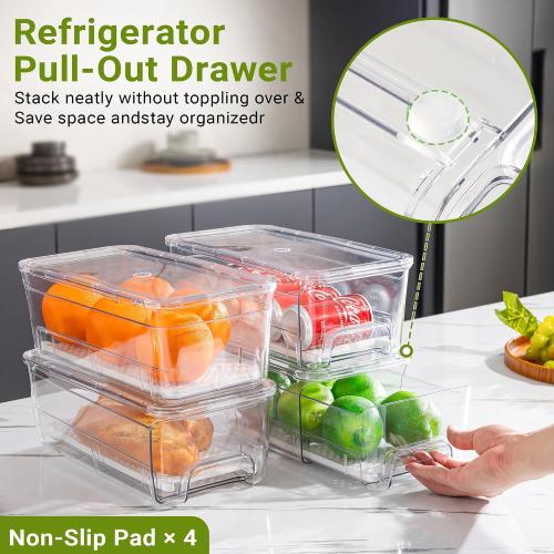 Imncya Pull-Out Fridge Organizer, Stackable Refrigerator Drawer Organizer Bins, Fridge Drawers Food Storage Containers for Fruits, Vegetables, Drinks, Snack (3 Pack Clear)