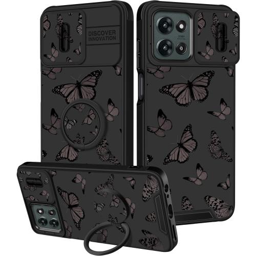 for Moto G 5G 2025 Case - Women Girls Cute Phone Cover Girly Pretty Aesthetic Black Butterfly Unique Design with Camera Cover and Ring Stand Funda for Motorola G 5G 2025
