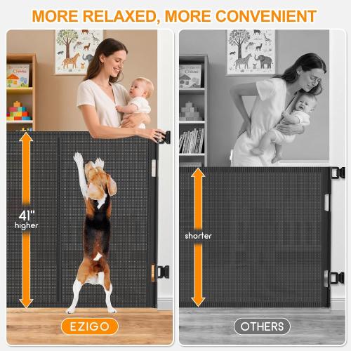 EZIGO 120 Inch Retractable Baby Gates, 41 Inch Extra Tall Retractable Gate | Reinforced Retractable Dog Gate with Rods, 10 FT Extra Long Mesh Pet Gate for Stairs Hallways Doorway Indoor Outdoor, Black