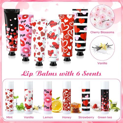 Loopeer 24 Sets Valentine Bulk Gifts Hand Cream and Lip Balm Bulk Set with Organza Bag Red Love Heart Card Galentine Gifts for Valentine Party Favors Stuffers Woman Men Teacher Staff Nurse Coworker