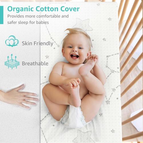 YENING Organic Cotton Pack and Play Mattress Pad Breathable 38x26 Waterproof Baby Mattress for Pack N Play Matress Topper Waterproof with Strap