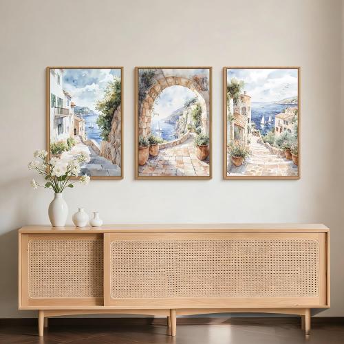 LHIUEM Watercolor Italy Coast Framed Canvas Wall Art,Modern Europe Countryside Wall Decor,Seascape Painting,Neutral Mediterranean Artwork for Living Room,Bedroom,Dining Room -16x24x3