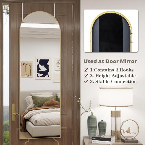Arched Full Length Door Mirror 14x48, Metal Frame with Protective Film, No-Drilling Hanging or Wall Mount, Hooks & Hardware Included, Full Body Mirror for Bedroom, Dorm, Gold
