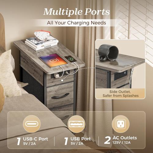 Huuger Narrow End Table with Charging Station, Side Table with 2 Drawers