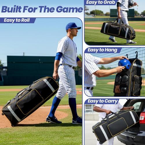 Fanwoli 81L Rolling Baseball Bag with Wheels, Softball Catchers Gear Bags for 4 Bats (Fits Up To 34), Separate Shoe Compartment, Safety Reflective Strip, Fence Hook, Foldable T-Bag for Youth & Adult
