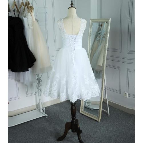 Short Lace Wedding Dresses (104x86) Knee Length Travel Tulle Rhinestones V-Neck Lace Up Bride Gowns Vintage Dress