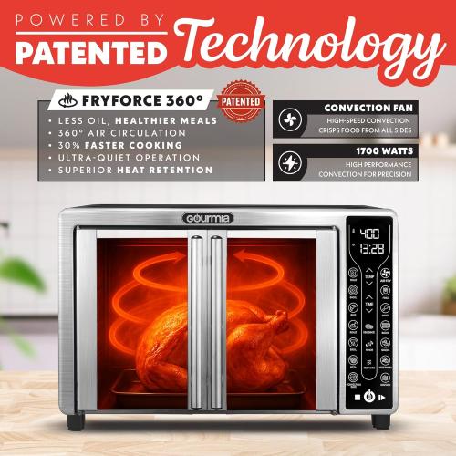 Gourmia French Door Air Fryer – 25 Qt Large Capacity Convection Oven, Fryfroce 360°, Digital Display with 17 Cooking Presets, Bake, Toast, Roast, Dehydrate, Fits 12” Pizza