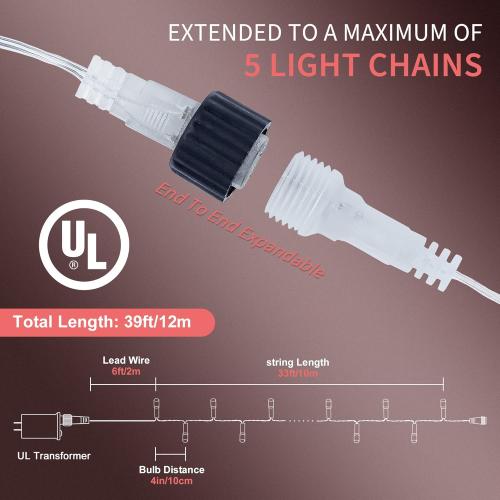 33ft 100 LED Red Christmas Lights, 8 Modes LED String Lights Outdoor Waterproof, Clear Wire LED Lights for Valentine's Day, Bedroom, Party, Christmas, Halloween Decor-Red