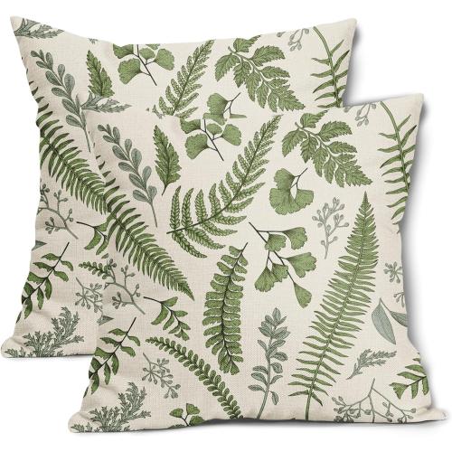 Sage Green Leaf Plant Pillow Covers 18X18 Inch Set of 2 Tropical Fern Herbs Botanical Leaves Floral Decorative Pillow Cases Vintage Cushion Case Farmhouse Home Decor For Couch Sofa Porch Outdoor