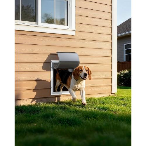 Powools Pet Dog Door for Wall - Robust Steel Pet Door with Magnetic Triple Flaps, 12.6 x 10 Flap Opening, Adjustable Tunnel for 3.4-6 Thick PVC, Wood, Drywall, for Pets Up to 45lb, White