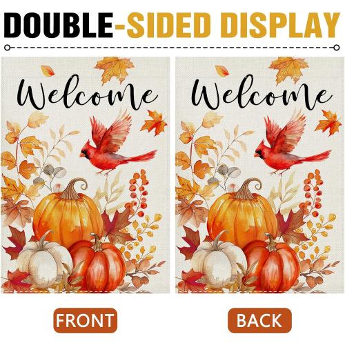 Dyrenson Welcome Fall Pumpkin Cardinal Decorative Garden Flag, Autumn Thanksgiving Harvest Red Bird Yard Outside Home Decoration, Farmhouse Leaves Burlap Outdoor Small Decor Double Sided 12 x 18