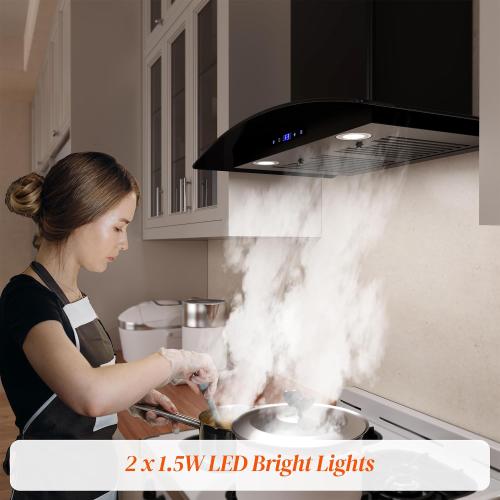 FIREGAS Range Hood 30 inch, 600 CFM Wall Mount Glass Kitchen Hood Ducted/Ductless Convertible with 3-Speed Fan, Screen Control, Time Setting, LED Lights, Black Painted Stainless Steel Vent Hood