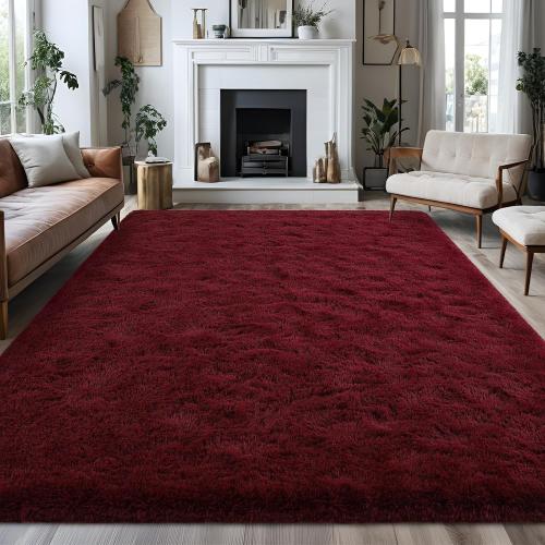 Fluffy Burgundy Red Rugs for Bedroom, Dark Red Area Rug for Living Room, Soft Shaggy Plush Cute Floor Carpet for Boys Kids Girls Bedroom, Non Slip and Washable Carpets for Home Decor