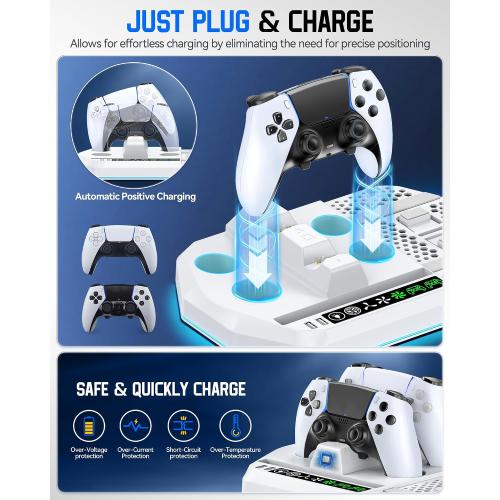 Cooling Station with Controller Charger for PS5/Slim/Pro, PlayStation 5 Vertical Stand for Disc & Digital Console, Dual PS 5 Controller Charging Station with 3 Level Cooling PlayStation 4 Chargers