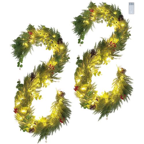 NUPTIO Artificial Christmas Garland with Lights: 2Pcs 6.2Ft Pre-Lit Gold Glitter Garland with Pine Cones Red Berry Eucalyptus - Xmas Decorations for Mantle Fireplace Railing Stairs Table Door