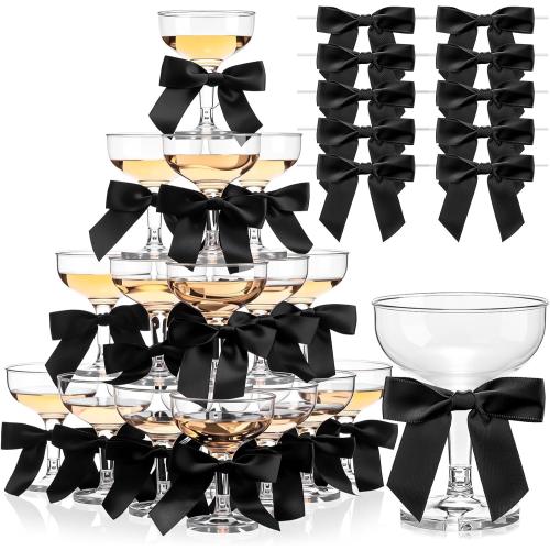 Zopeal 30 Set Champagne Coupe Cocktail Glasses 5 oz with Satin Ribbon Black Bow 3.5 Inch Plastic Margarita Martini Glasses for Birthday Bachelorette Party Gift Wedding Champagne Tower