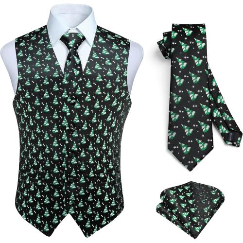 Size 3XL HISDERN Men's Suit Vest Christmas Holiday Season Party Jacquard Waistcoats Necktie Pocket Square Vest Suit (No Set)