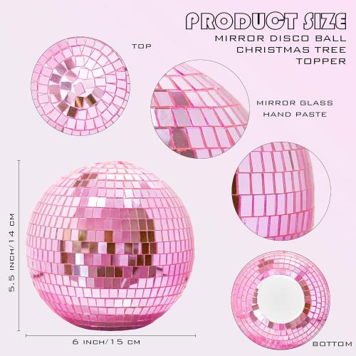 Pink Christmas Tree Topper 6 Inch Mirror Disco Ball Tree Topper, Cool and Fun Disco Ball for Xmas Tree Decorations, Ideal for DJ Club, Party, Wedding and Home Décor