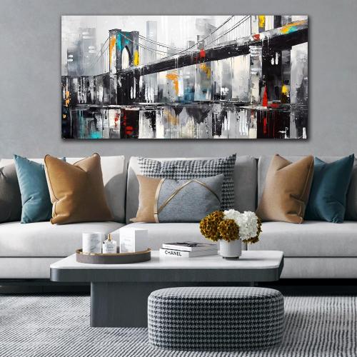 CANEITO New York City Wall Art for Living Room, Brooklyn Bridge Canvas Wall Decor for Bedroom, Black and White Cityscape Print Paintings, Size 24x48 Inches