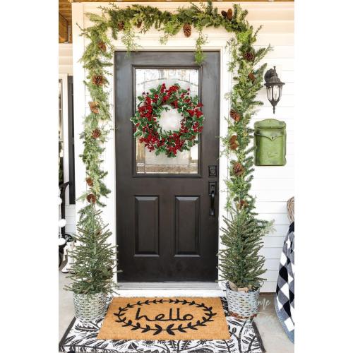Christmas Wreath for Front Door, Real Touch Pine Artificial Wreath with Berry Clusters and Holly Leaves for Outdoor Christmas Decorations Winter Wreath, 18 Inches