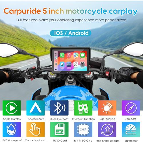 Carpuride W502PRO for Motorcycle CarPlay& Android Auto& Dual Bluetooth - 5 Waterproof GPS Navigation Screen for Motorbike, Music Sharing, Intercom, EQ, Light Sensor, Compass, Barometer