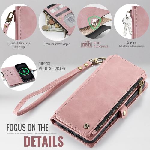 Defencase Compatible with iPhone 17 Case Wallet with RFID Blocking Card Holder for Women and Men, Fashion PU Leather Magnetic Snap Flip Zipper Strap Wallet Phone Case for iPhone 17 6.3, Rose Pink