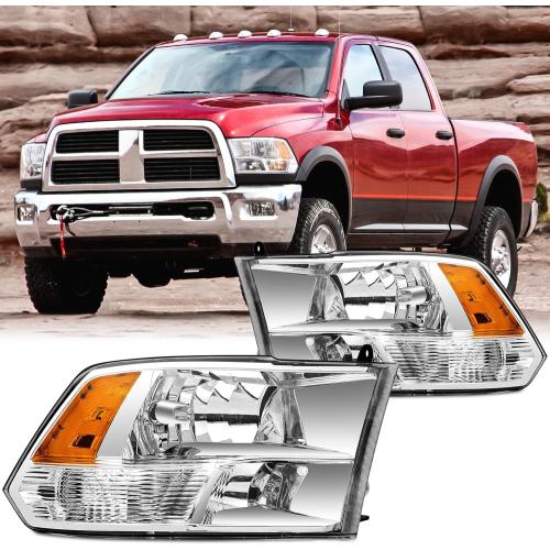 2PCS Headlights Assembly Set For 2009-2018 Dodge Ram 1500 2500 3500/2019-2022 Ram 1500 Classic Replacement Headlamp Chrome Housing Clear Lens Amber Reflector Clear Lens(LH&RH)