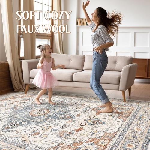 9x12 Area Rug Living Room: Washable Boho Large Neutral Vintage Soft Rugs Stain Resistant Distressed Farmhouse Non-Slip Indoor Floor Carpet for Bedroom Nursery Kids Office Dining Room- Beige Blue