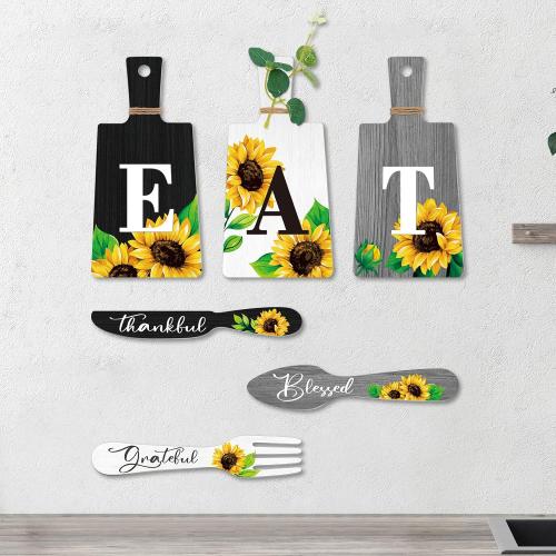 Bucherry Sunflower Kitchen Wall Decor Sets, 6 Wooden Eat Signs Decor