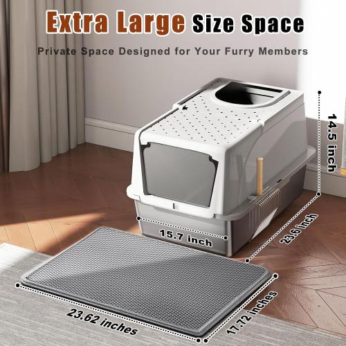 Grey 23.6 L × 15.7 W × 14.5 H Stainless Steel Cat Litter Box with Lid, 180° Flip Top XL Enclosed Litter Box with Trapping Mat & Metal Scoop, Front Top Dual Entry Steel Extra Large Cat Litter Pan