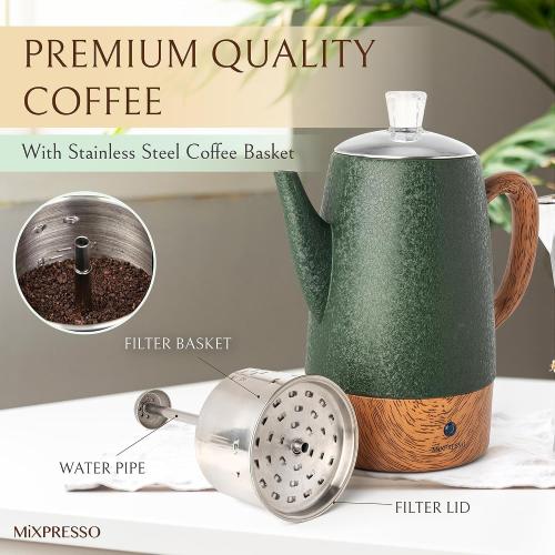 Mixpresso 10 Cup Percolator Coffee Pot Electric, Stainless Steel Coffee Percolator Electric With Keep Warm Function, Classic Perculator Pot With Removable Basket for Home or Office - Shiny Green