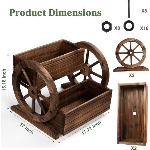 Wooden Wagon Planter Box, Garden Planter with Wheels,Decorative Planter for Flowers Herbs Vegetables for Indoor & Outdoor Décor, Flower Cart for Patio Garden Balcony