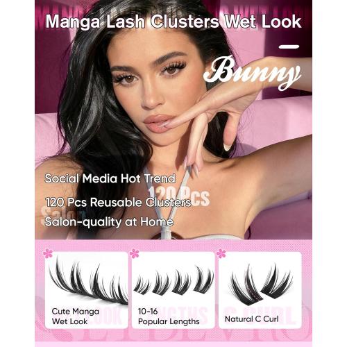 EYDEVRO Bunny Lash Clusters Manga Eyelash Clusters Wet Look Fairy Wispy Cluster Eyelash Extensions Anime Cluster Lashes 120 Pcs 10-16mm C Curl DIY Lash Extensions