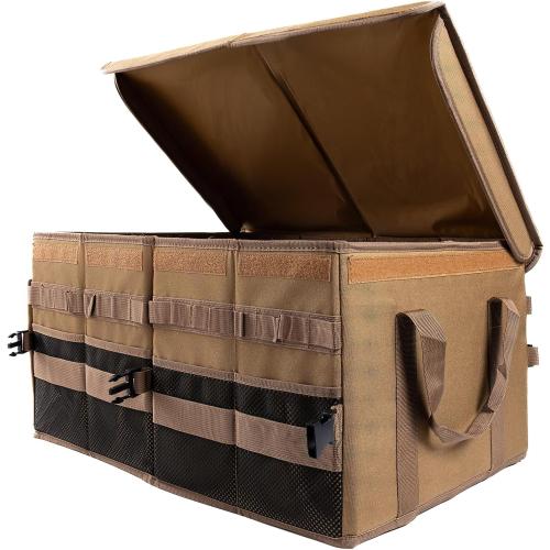Trunk Organizer For SUV,Truck Bed Organizer,Outdoor camping Cargo storage,Tool storage Box,Camping Tableware Organizer Box,Brown,Large,1680D Oxford Polyester,4-Compartments With Handle