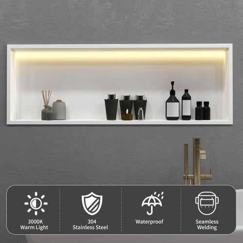 Konelia Shower Niche with Lighting, 36x12x4 Inside Shower Storage Wall Niche Stainless Steel Bathroom Shelf Niche No Tile Needed Shower Caddy Recessed Wall Niche, White
