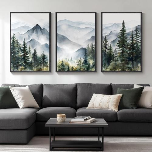 Framed Mountain Landscape Wall Art for Living Room, Large Foggy Forest Watercolor Artwork for Walls, 3 Piece Nature Mountain Forest Paintings Prints for Hallway Office Kitchen Wall Decor, 24x36 Inch