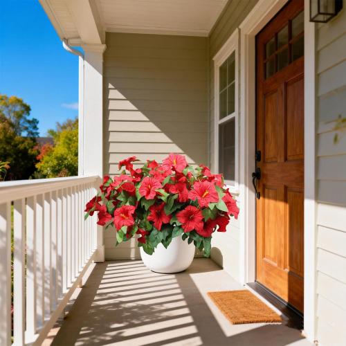 Artificial Outdoor Flowers UV Resistant Faux Petunias Silk Flower Faux Flowers Fake Plants for Garden Patio Window Box Home Porch Decor 4 Bundles (Red)