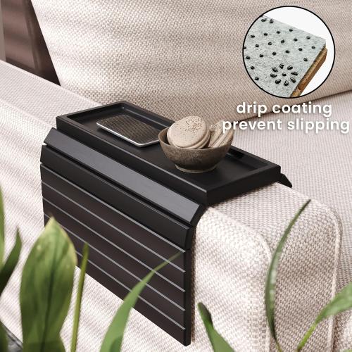 Sofa Arm Tray,Bamboo Folding Couch Arm Tray,Sofa Armrest Trays with Anti-Slip Pad for Drinks,Snacks,Phone,Remote Control（Black）