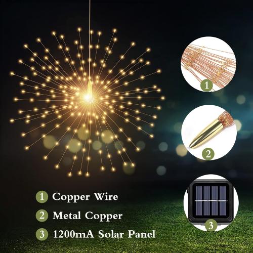 Solar Starburst Sphere Lights,200 LED Firework Light, 8 Modes Dimmable Waterproof Hanging Fairy Light, Copper Wire Lights for Patio Tent Parties Christmas -NO Remote (Warm White)