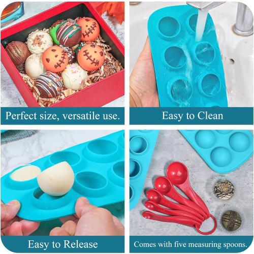 Webake Sphere Ball Chocolate Molds Platinum Silicone, 3 Pack 8-Cavity Round Baking Molds for Halloween Eyeball, Jelly, Cake Pop, Truffle, Mousse, Ice Cube & Pastry Making, Includes Free Filling Scoop