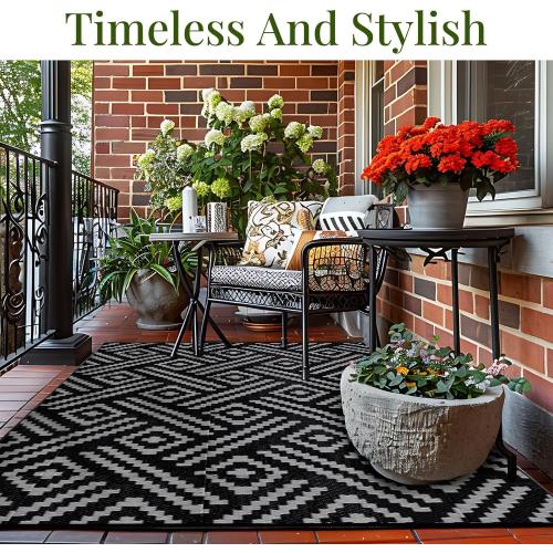 Black and Grey OPPODREAM Outdoor Rug, Waterproof Outdoor Plastic Straw Rug for Patio, Reversible Out Door Carpet for Camping, Deck, Rv, Area Carpet for Balcony, Porch, Backyard, Black and Beige