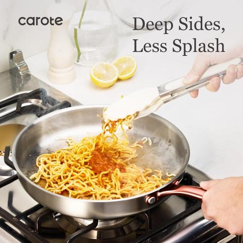 CAROTE 3-Piece Tri-Ply Stainless Steel Frying Pan Set, Skillet Set 8/10/12, Induction Compatible, Oven & Dishwasher Safe, Gold Handle, Mothers Day Gifts