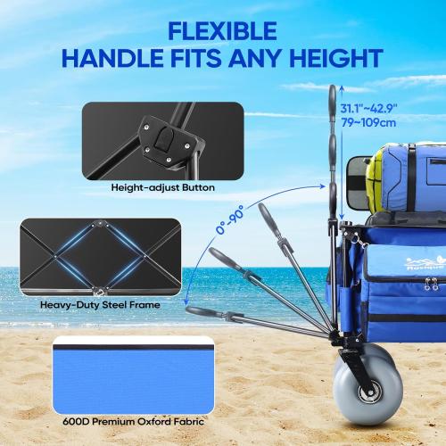 Blue Beach Wagon with Big Wheels for Sand, Extra Large Beach Cart with All-Terrain Balloon Wheels, Heavy Duty Folding Wagon, Adjustable Handle, for Outdoors & Fishing